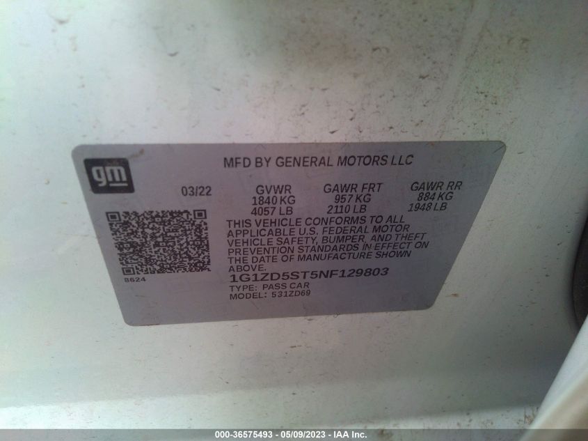 2022 CHEVROLET MALIBU LT - 1G1ZD5ST5NF129803
