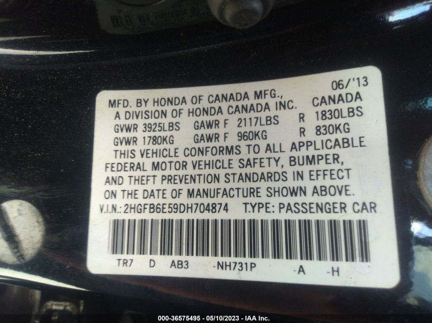 2013 HONDA CIVIC SDN SI - 2HGFB6E59DH704874