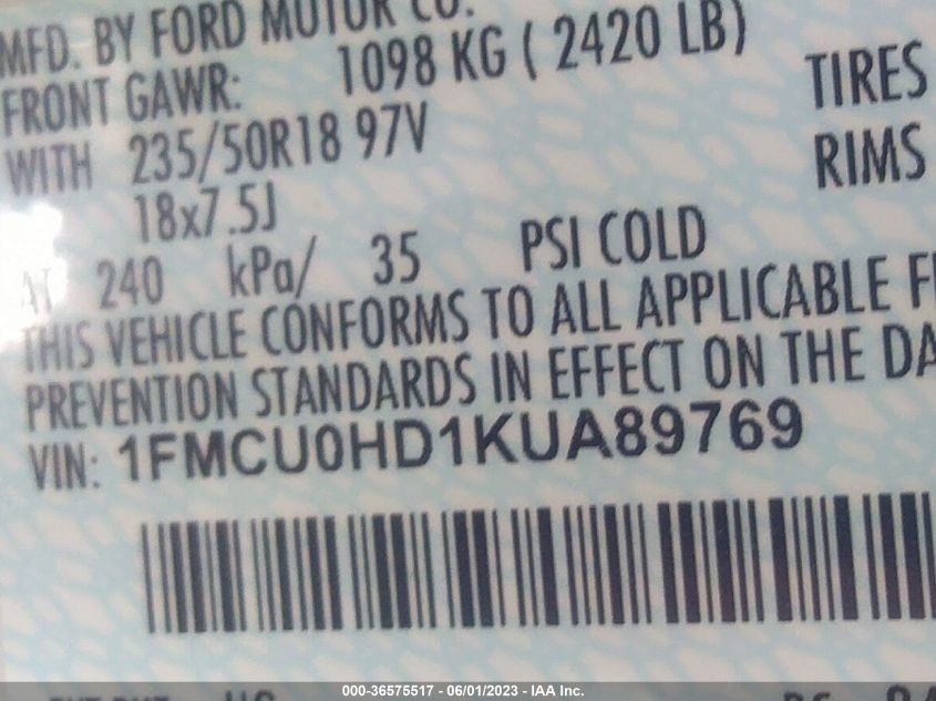 2019 FORD ESCAPE SEL - 1FMCU0HD1KUA89769