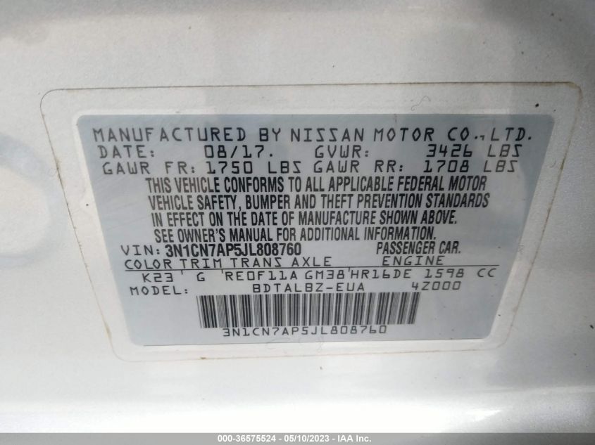 2018 NISSAN VERSA SEDAN SV - 3N1CN7AP5JL808760