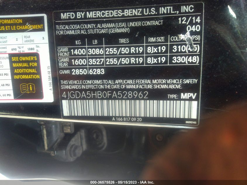 2015 MERCEDES-BENZ M-CLASS ML 350 - 4JGDA5HB0FA528962
