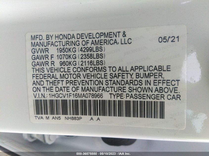 2021 HONDA ACCORD SEDAN LX - 1HGCV1F16MA078966
