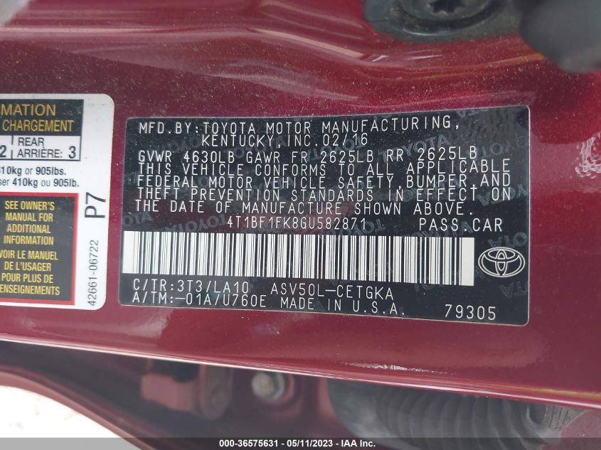 2016 TOYOTA CAMRY XLE/SE/LE/XSE - 4T1BF1FK8GU582871