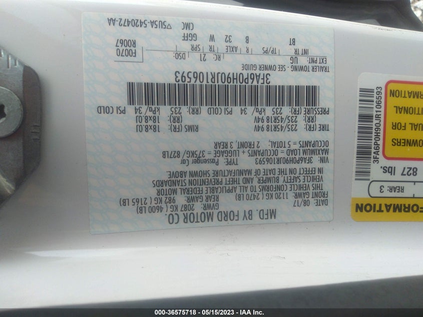 VIN 3FA6P0H90JR106593 2018 FORD FUSION SE