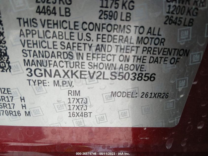 2020 CHEVROLET EQUINOX LT - 3GNAXKEV2LS503856