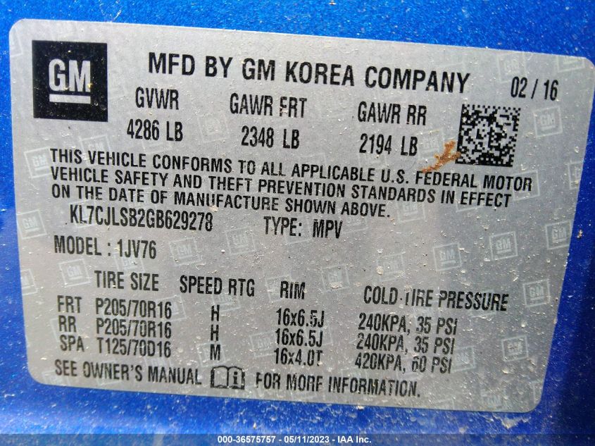 2016 CHEVROLET TRAX LT - KL7CJLSB2GB629278