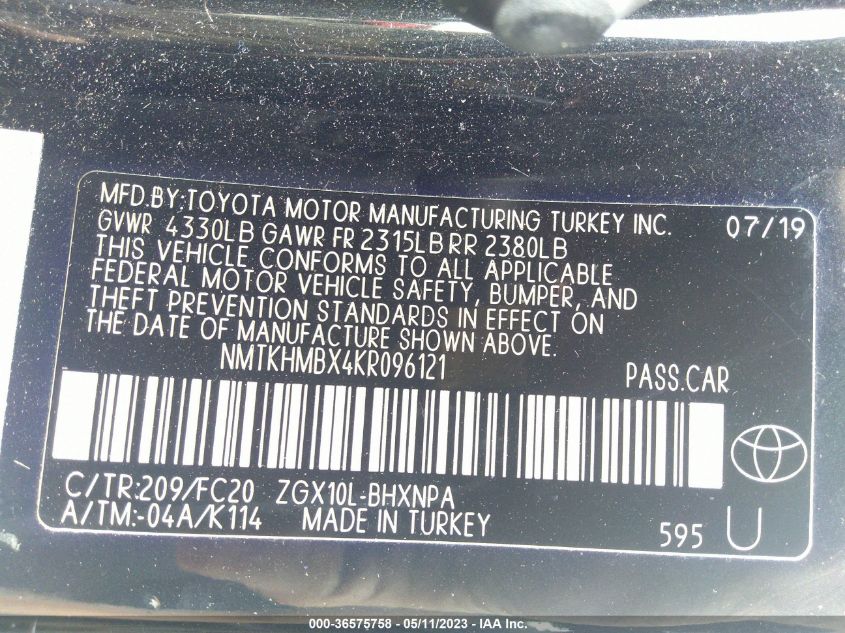 2019 TOYOTA C-HR XLE/LE/LIMITED - NMTKHMBX4KR096121