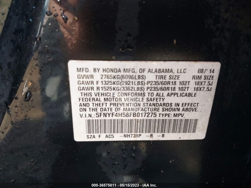 2015 HONDA PILOT EX-L - 5FNYF4H58FB017275