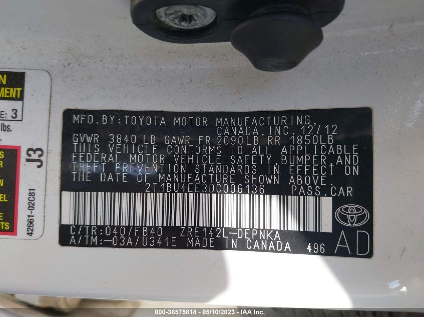 2013 TOYOTA COROLLA L/LE/S - 2T1BU4EE3DC006136