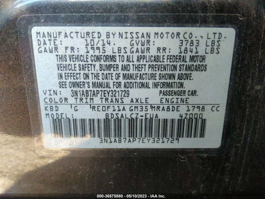 2014 NISSAN SENTRA S - 3N1AB7AP7EY321729