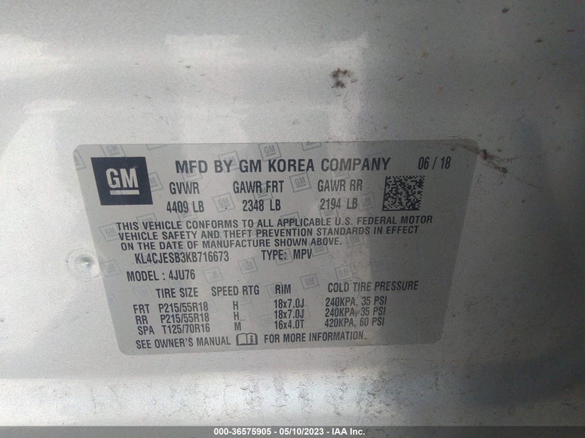 VIN KL4CJESB3KB716673 2019 BUICK ENCORE PREFERRED