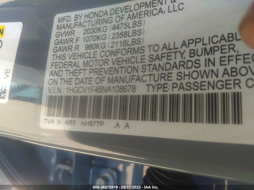 2022 HONDA ACCORD SEDAN SPORT SE - 1HGCV1F45NA108678