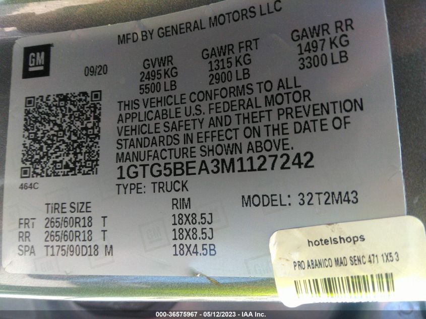 2021 GMC CANYON 2WD ELEVATION STANDARD - 1GTG5BEA3M1127242