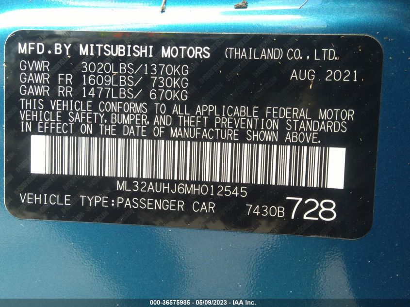 2021 MITSUBISHI MIRAGE ES/LE/CARBONITE EDITION - ML32AUHJ6MH012545