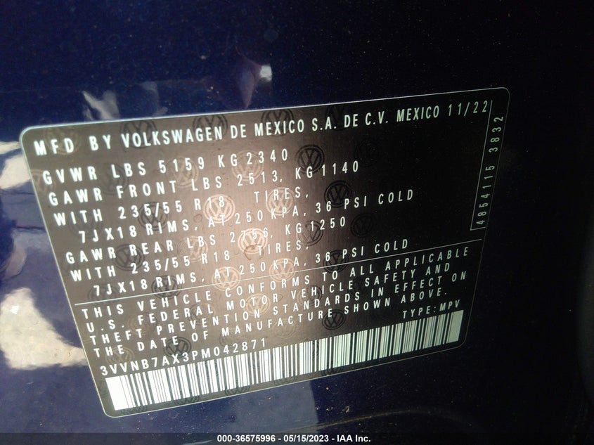 VIN 3VVNB7AX3PM042871 2023 VOLKSWAGEN TIGUAN SE