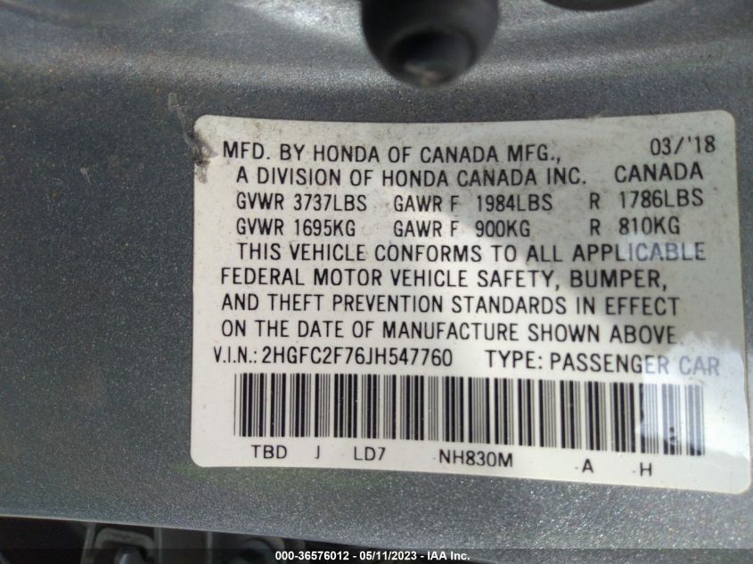 2018 HONDA CIVIC SEDAN EX - 2HGFC2F76JH547760