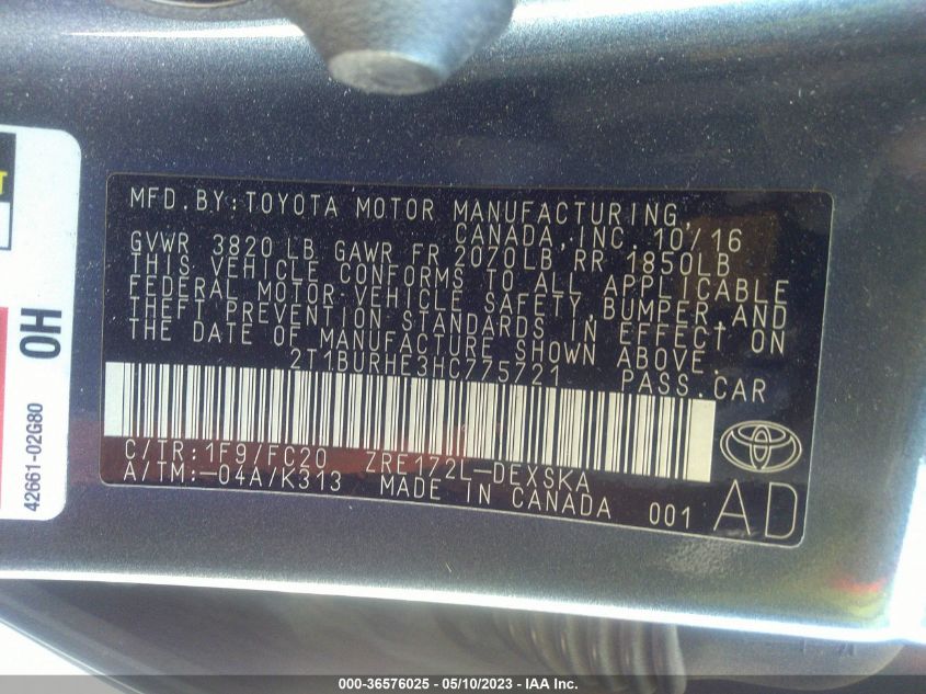 2017 TOYOTA COROLLA L/LE/XLE/SE - 2T1BURHE3HC775721