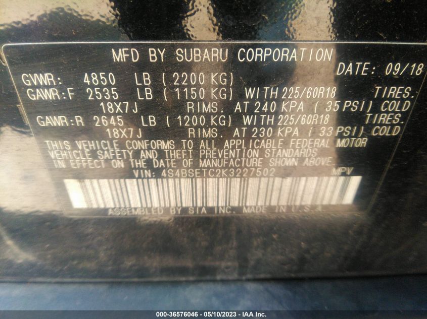 2019 SUBARU OUTBACK TOURING - 4S4BSETC2K3227502