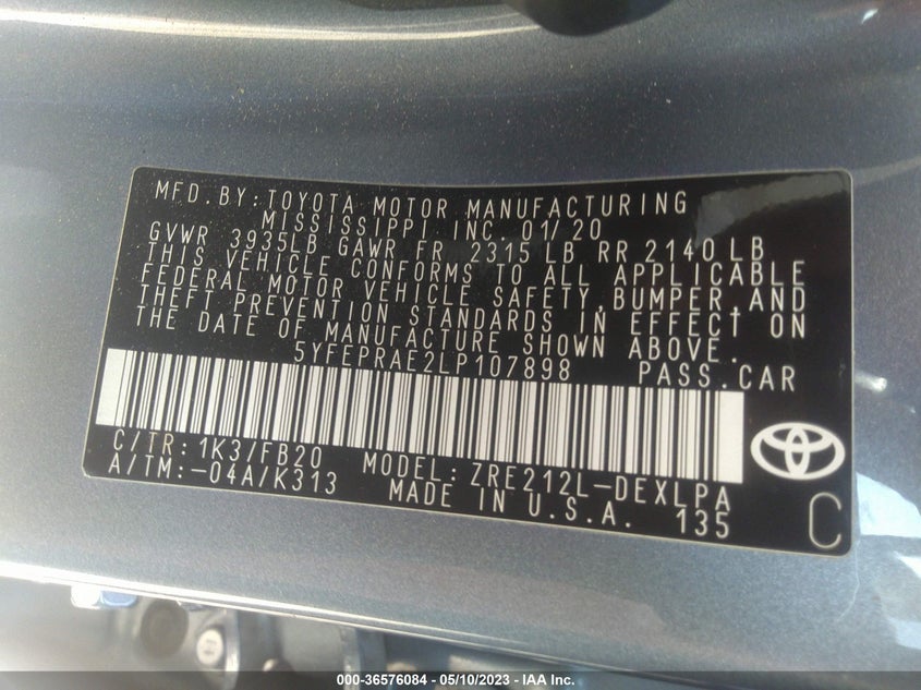VIN 5YFEPRAE2LP107898 2020 TOYOTA COROLLA LE
