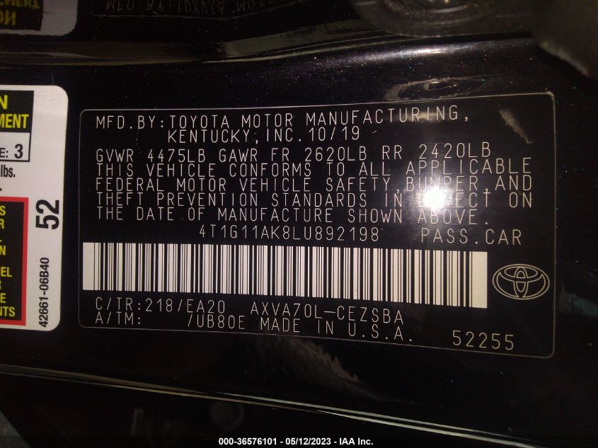 2020 TOYOTA CAMRY SE - 4T1G11AK8LU892198