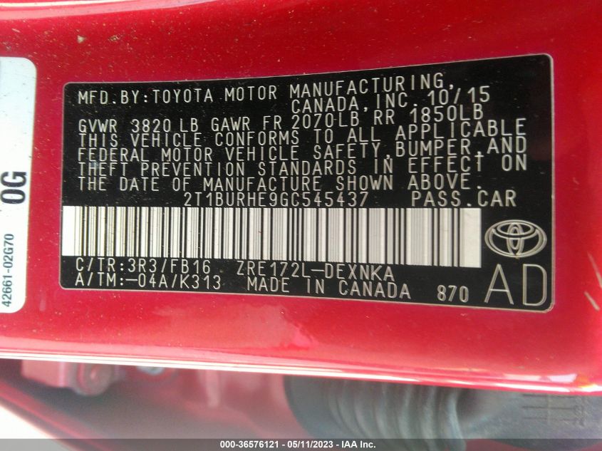 2016 TOYOTA COROLLA L/LE/S/S PLUS/LE PLUS - 2T1BURHE9GC545437