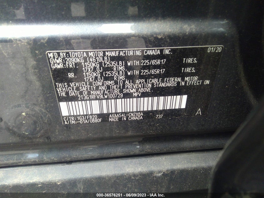 VIN 2T3G1RFV9LW100729 2020 TOYOTA RAV4 LE