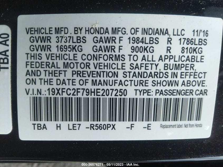 VIN 19XFC2F79HE207250 2017 HONDA CIVIC SEDAN EX