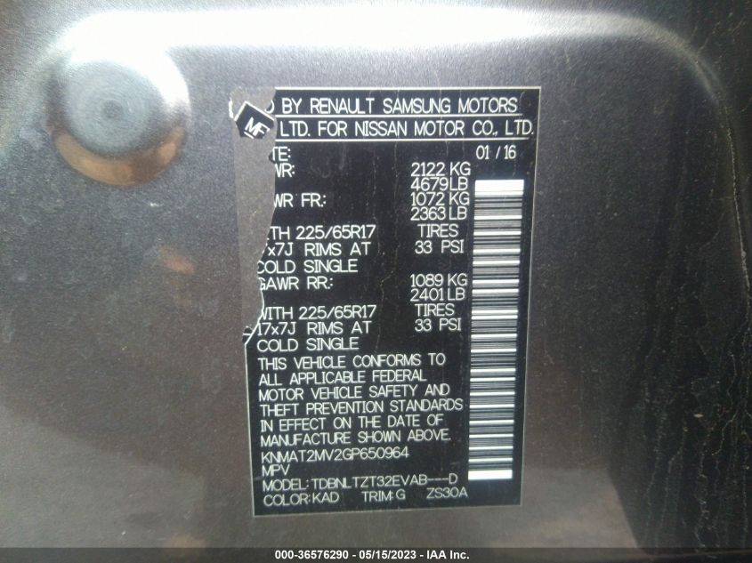 2016 NISSAN ROGUE SV - KNMAT2MV2GP650964