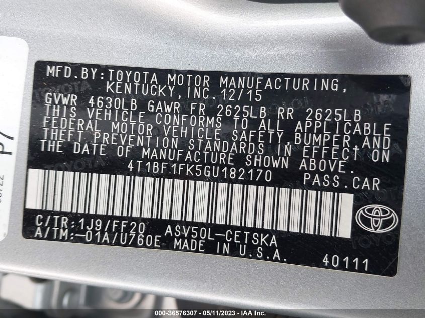 2016 TOYOTA CAMRY XLE/SE/LE/XSE - 4T1BF1FK5GU182170