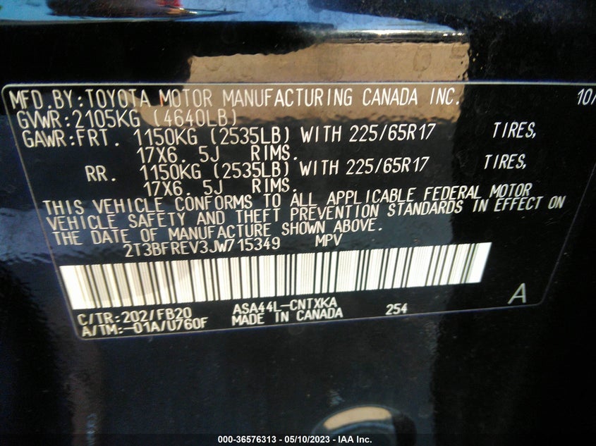 VIN 2T3BFREV3JW715349 2018 TOYOTA RAV4 LE