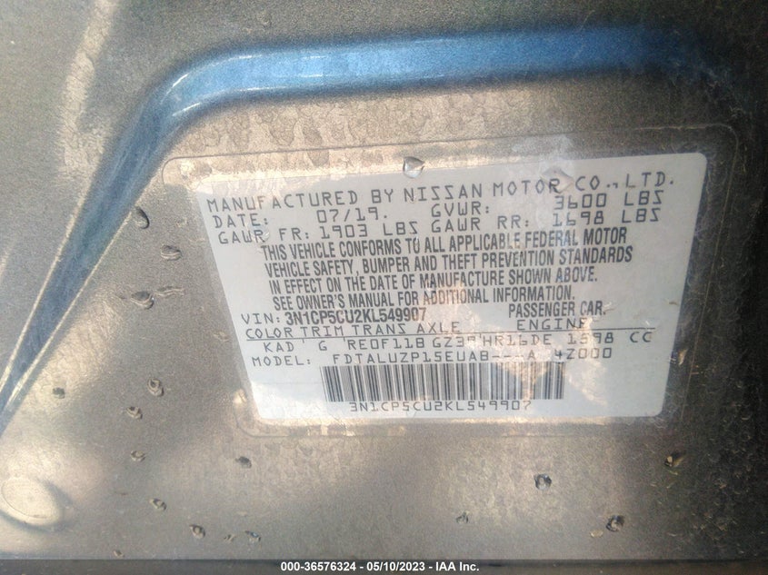 VIN 3N1CP5CU2KL549907 2019 NISSAN KICKS SR
