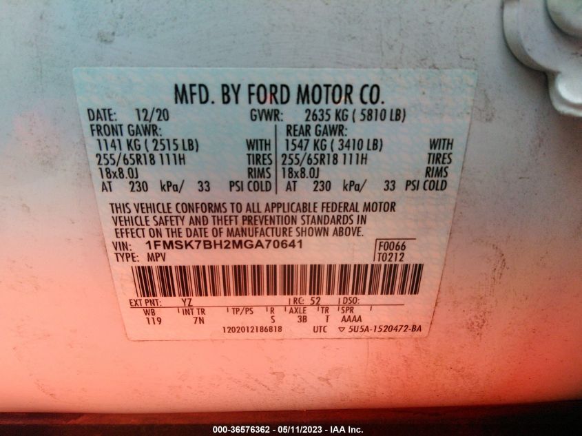 2021 FORD EXPLORER BASE - 1FMSK7BH2MGA70641