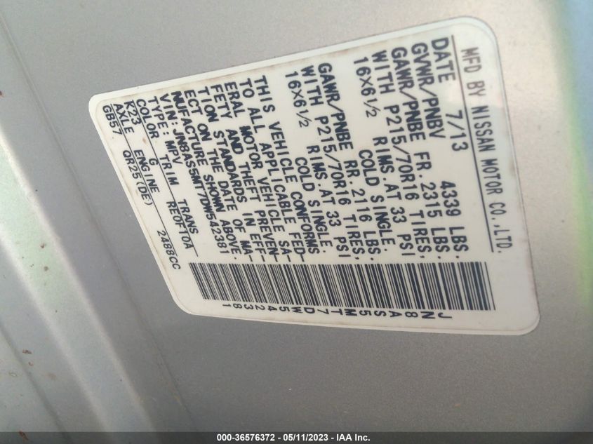 2013 NISSAN ROGUE S - JN8AS5MT7DW542381