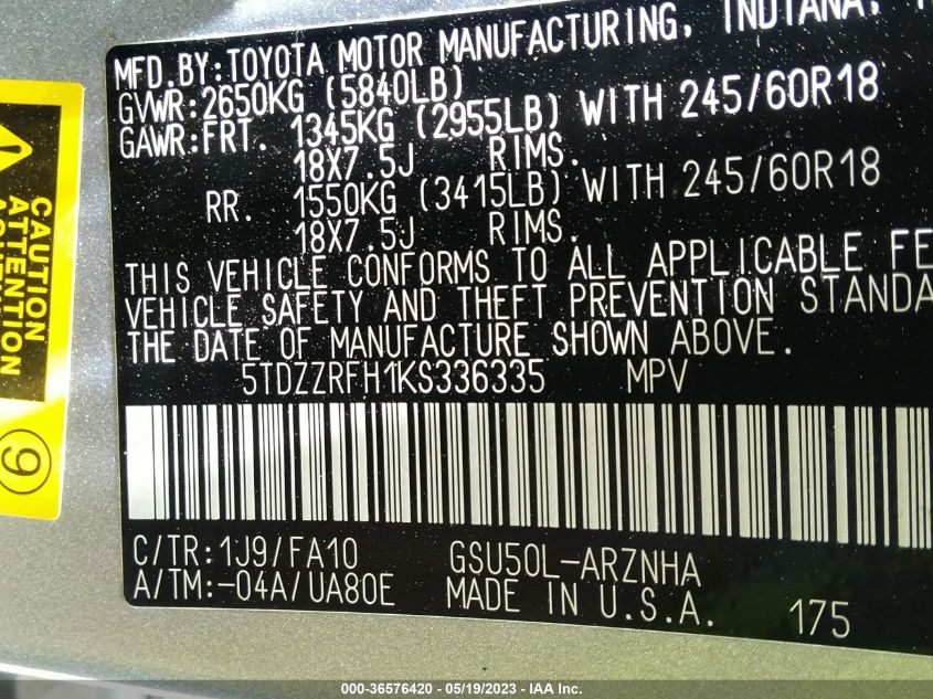 2019 TOYOTA HIGHLANDER LE - 5TDZZRFH1KS336335