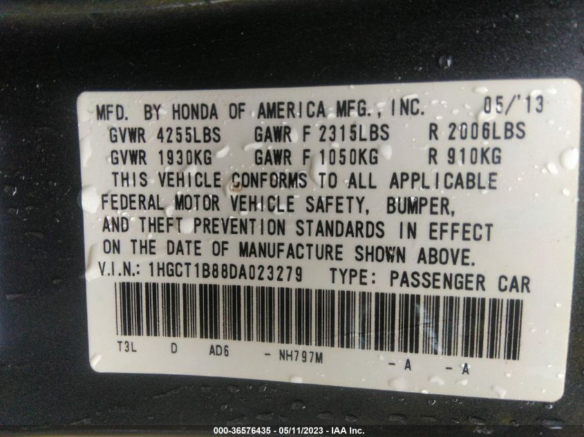 2013 HONDA ACCORD CPE EX-L 1HGCT1B88DA023279