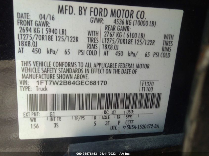 2016 FORD SUPER DUTY F-250 SRW LARIAT/PLATINUM - 1FT7W2B64GEC68170