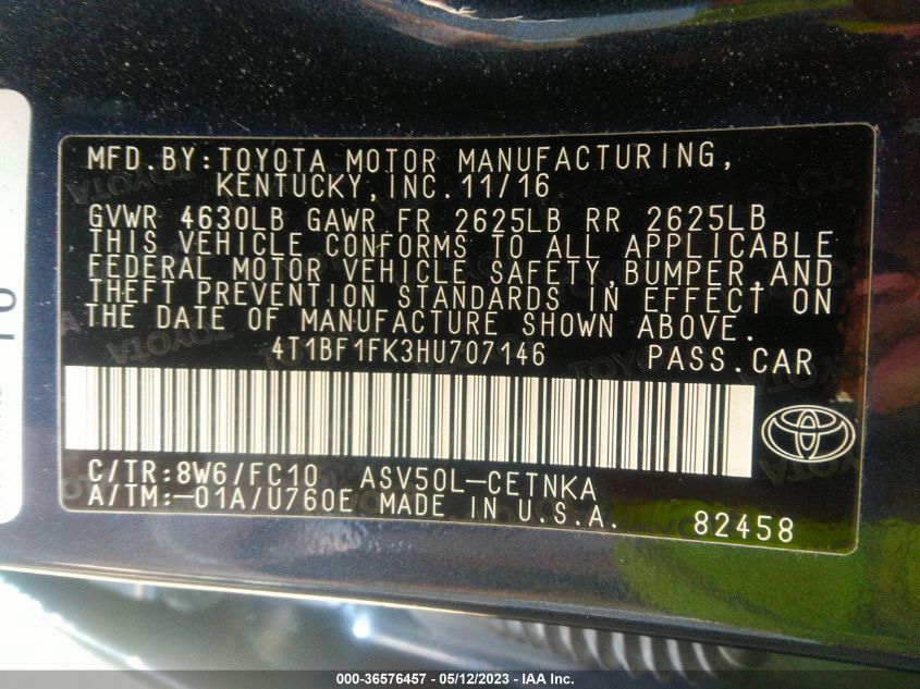 2017 TOYOTA CAMRY XLE/SE/LE/XSE - 4T1BF1FK3HU707146