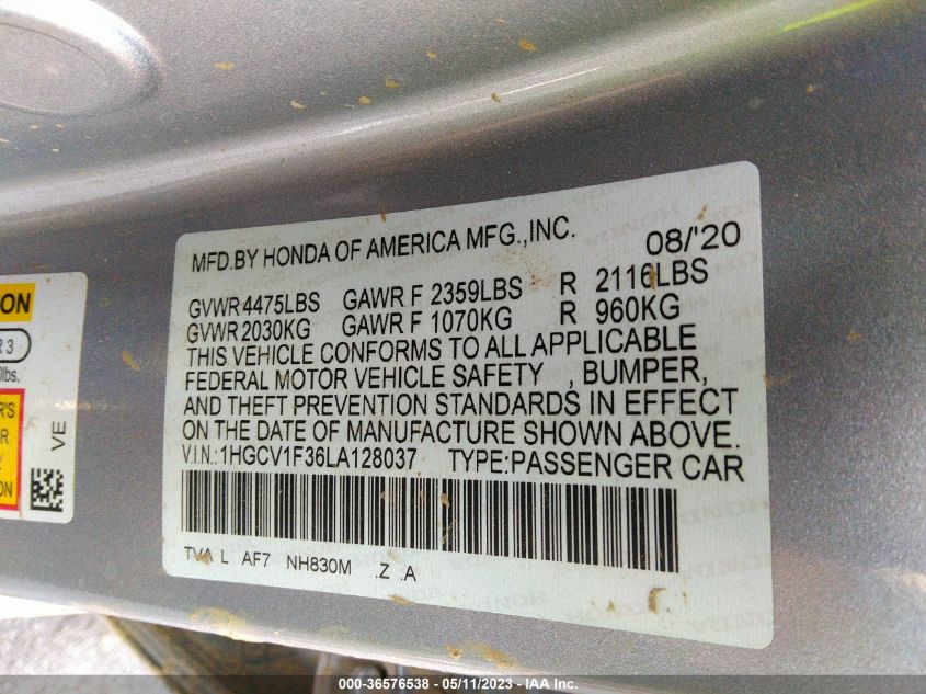2020 HONDA ACCORD SEDAN SPORT - 1HGCV1F36LA128037