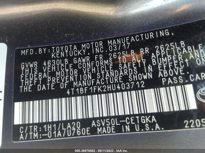 2017 TOYOTA CAMRY XLE - 4T1BF1FK2HU403712