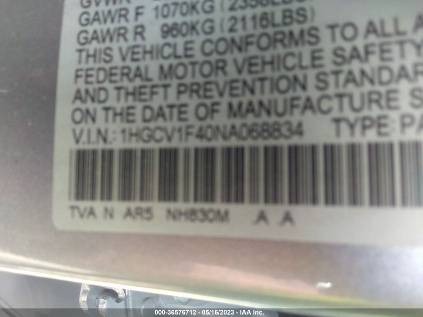 2022 HONDA ACCORD SEDAN SPORT SE - 1HGCV1F40NA068834