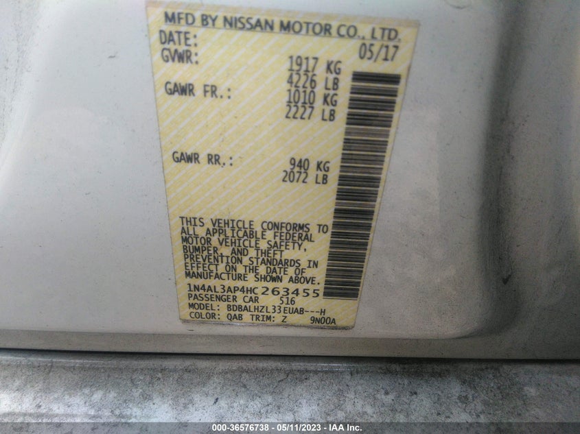 VIN 1N4AL3AP4HC263455 2017 NISSAN ALTIMA 2.5 SR