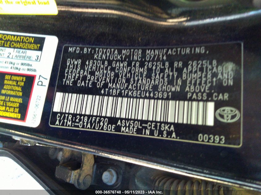 2014 TOYOTA CAMRY L/LE/XLE/SE/SE SPORT - 4T1BF1FK6EU443691