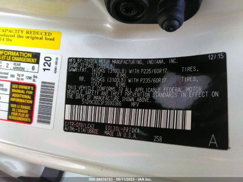 2015 TOYOTA SIENNA XLE/XLE AAS/LTD - 5TDYK3DC3FS690366