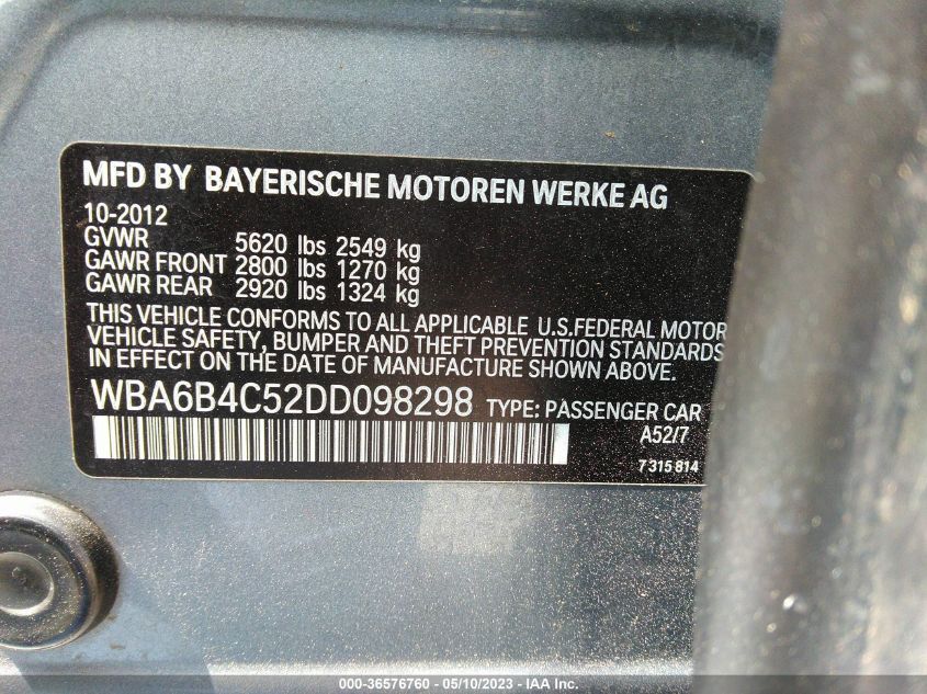 2013 BMW 6 SERIES 650I XDRIVE - WBA6B4C52DD098298