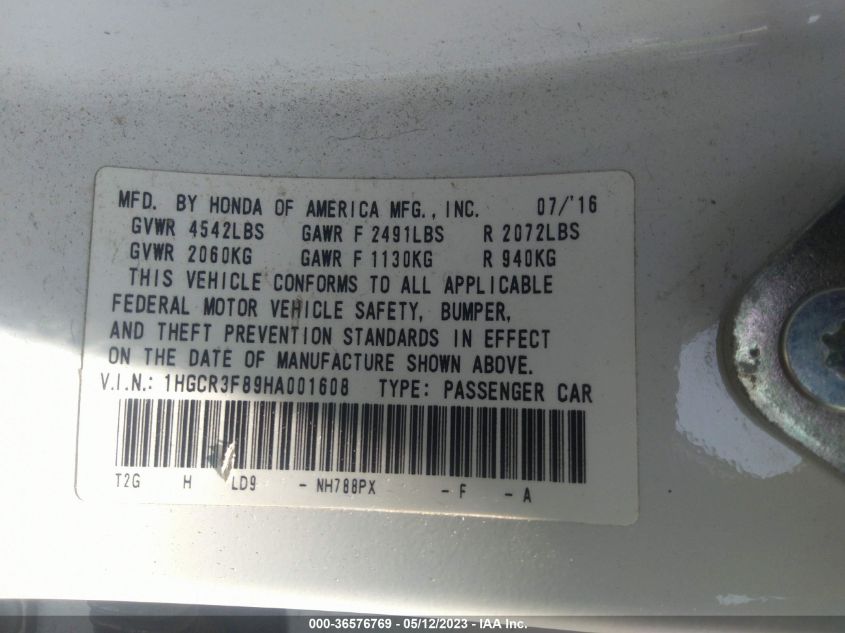 2017 HONDA ACCORD SEDAN EX-L V6 - 1HGCR3F89HA001608