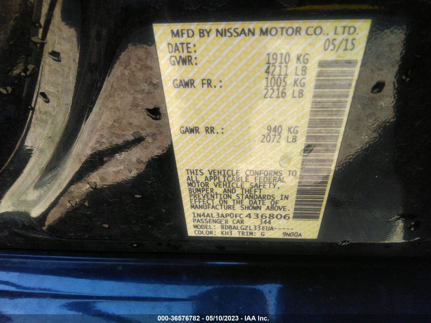 2015 NISSAN ALTIMA 2.5 S - 1N4AL3AP0FC436806