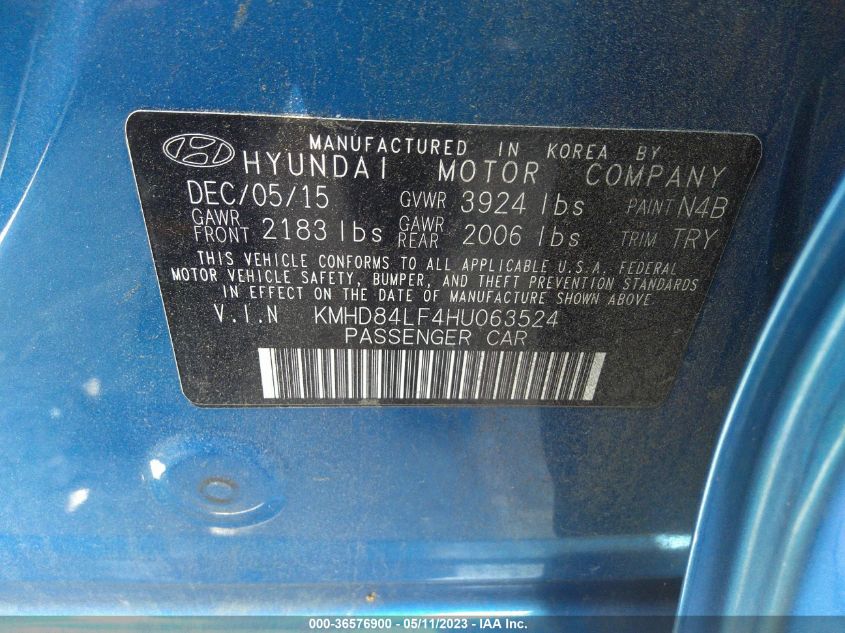2017 HYUNDAI ELANTRA LIMITED - KMHD84LF4HU063524