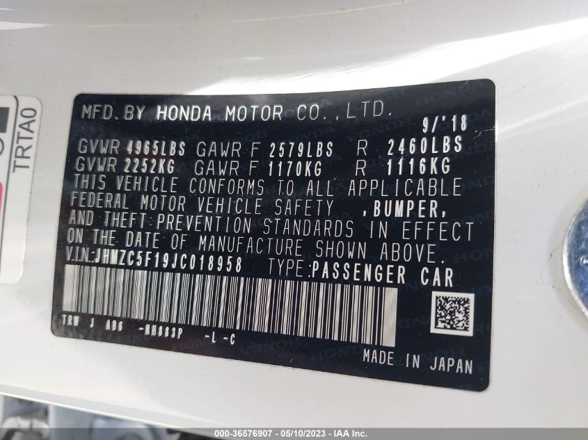 2018 HONDA CLARITY PLUG-IN HYBRID JHMZC5F19JC018958