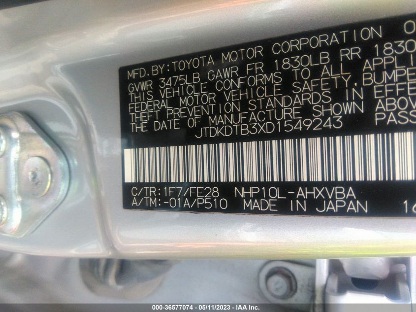 2013 TOYOTA PRIUS C ONE/TWO/THREE/FOUR - JTDKDTB3XD1549243