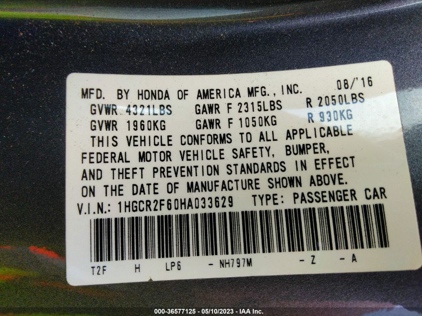 2017 HONDA ACCORD SEDAN SPORT - 1HGCR2F60HA033629